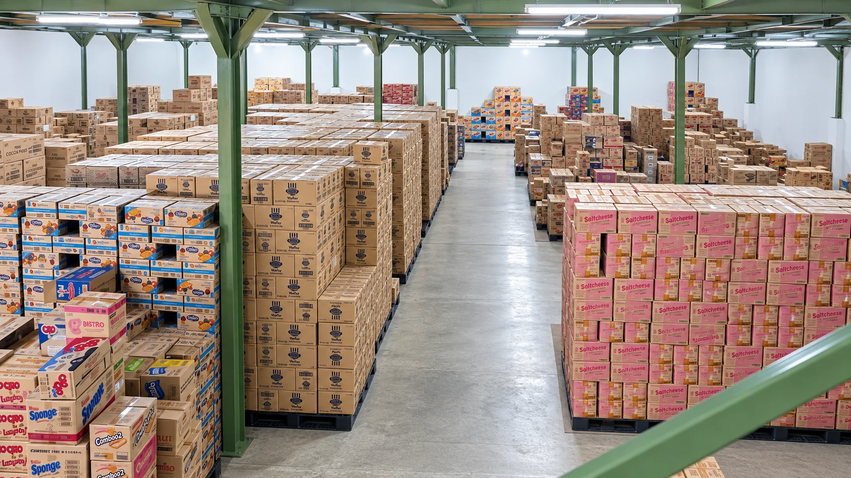 Contoh gudang logistik TSP Group dengan lorong tengah yang rapi